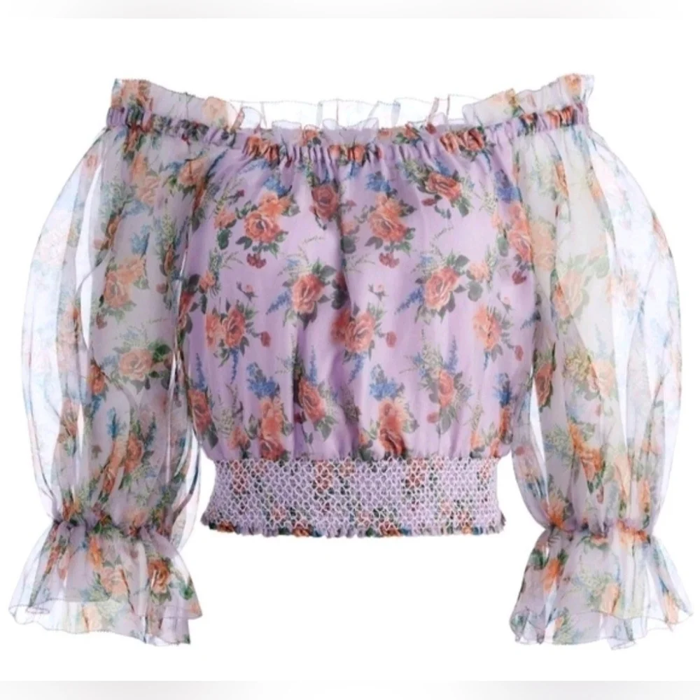 ALICE + OLIVIA Caprina Silk Puff Sleeve Off Shoulder Crop Top Size Small NWOT - Picture 1 of 15